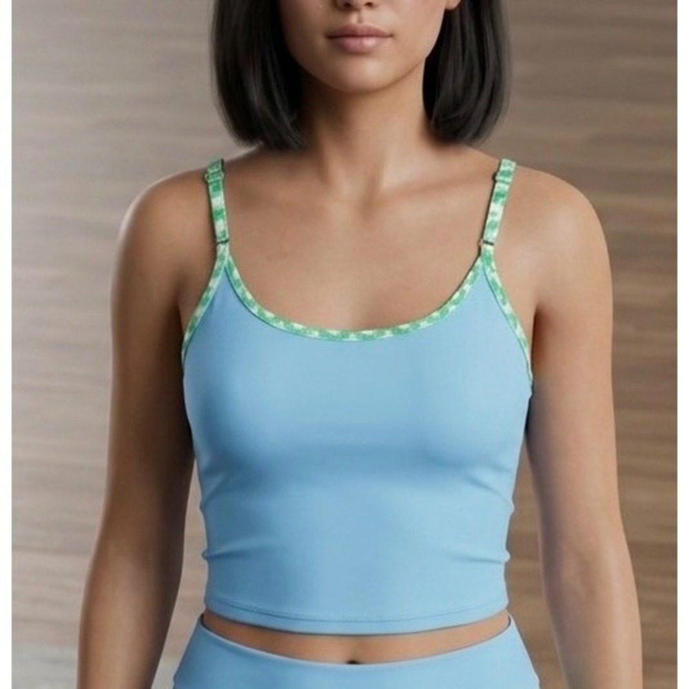 Roller Rabbit Blue Tankini Swimsuit Top XS Green Trim Lace Up Back bathing suit